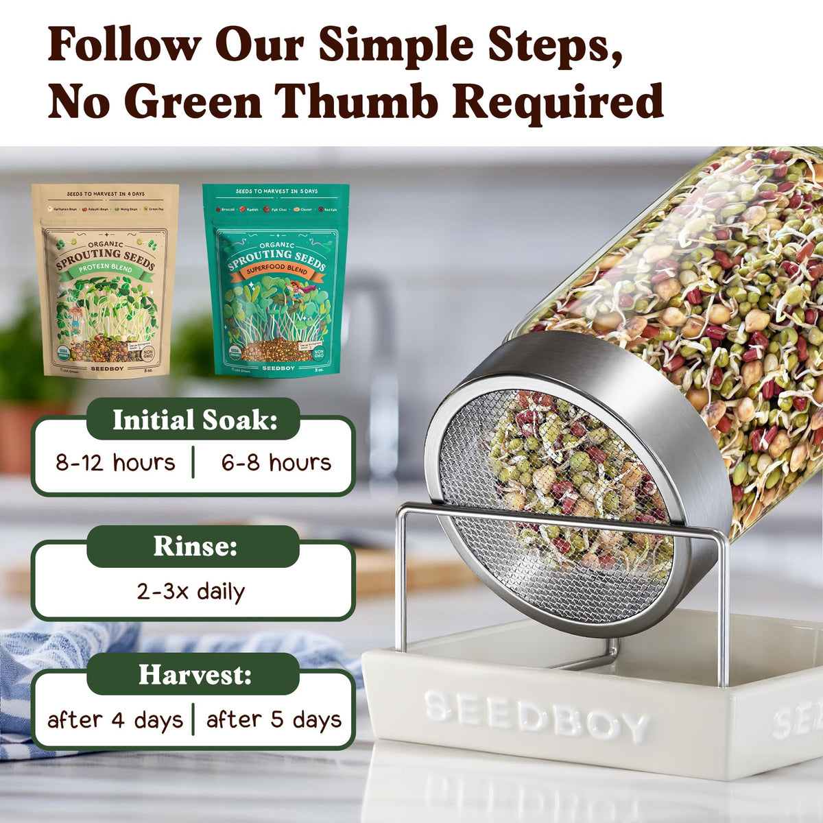 Seedboy sprouts ready in 5-7 days for quick meals.
