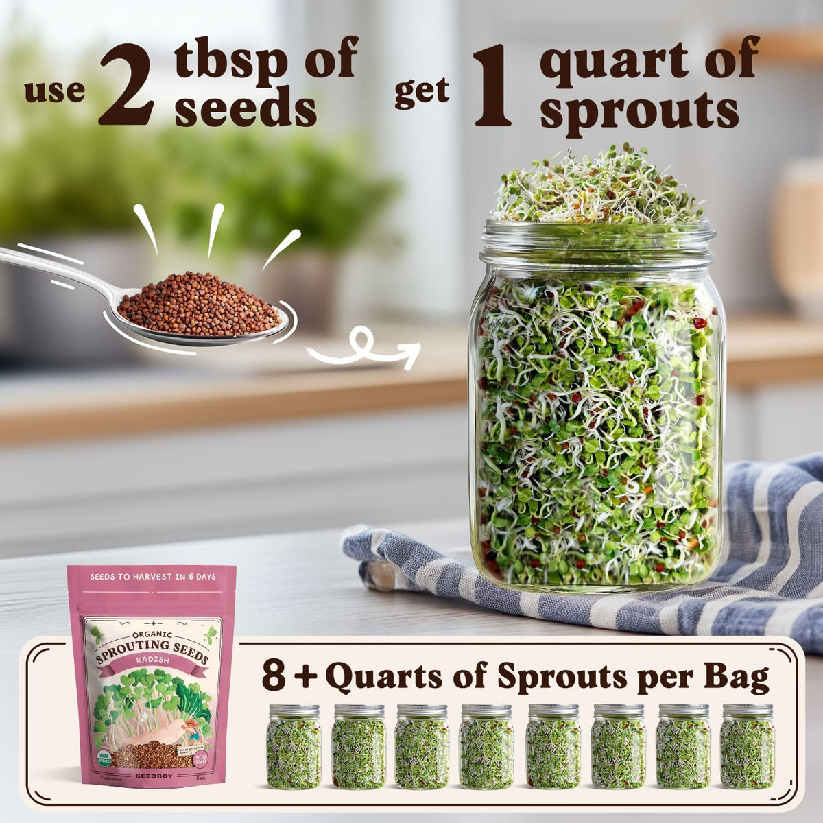Seedboy USA-grown organic seeds ensure purity for sprouts.