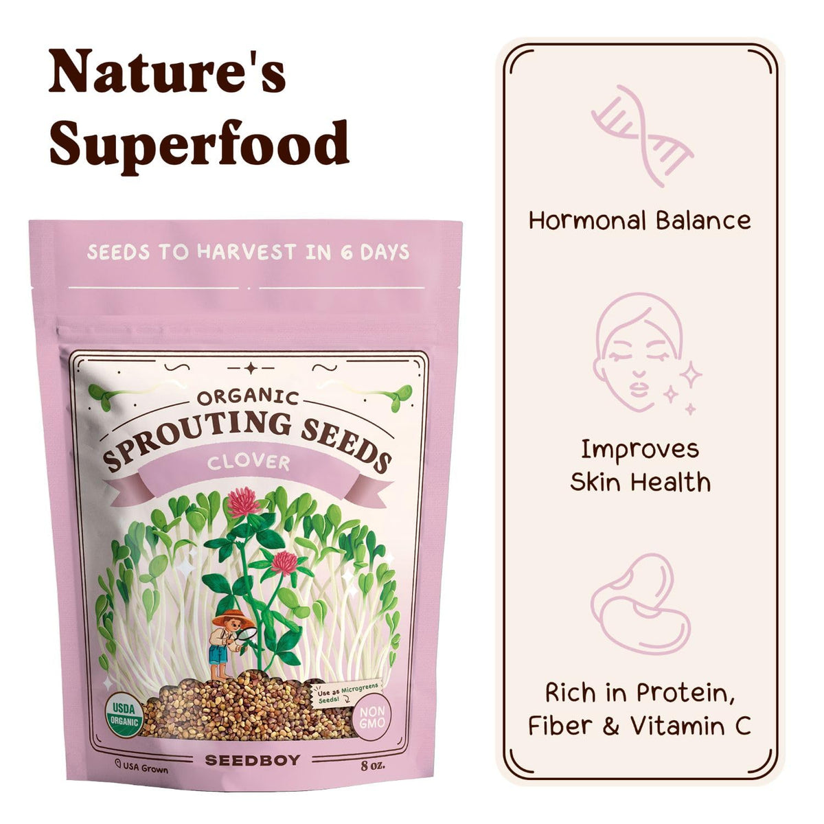 Seedboy organic non GMO USA grown certification label indicating purity.