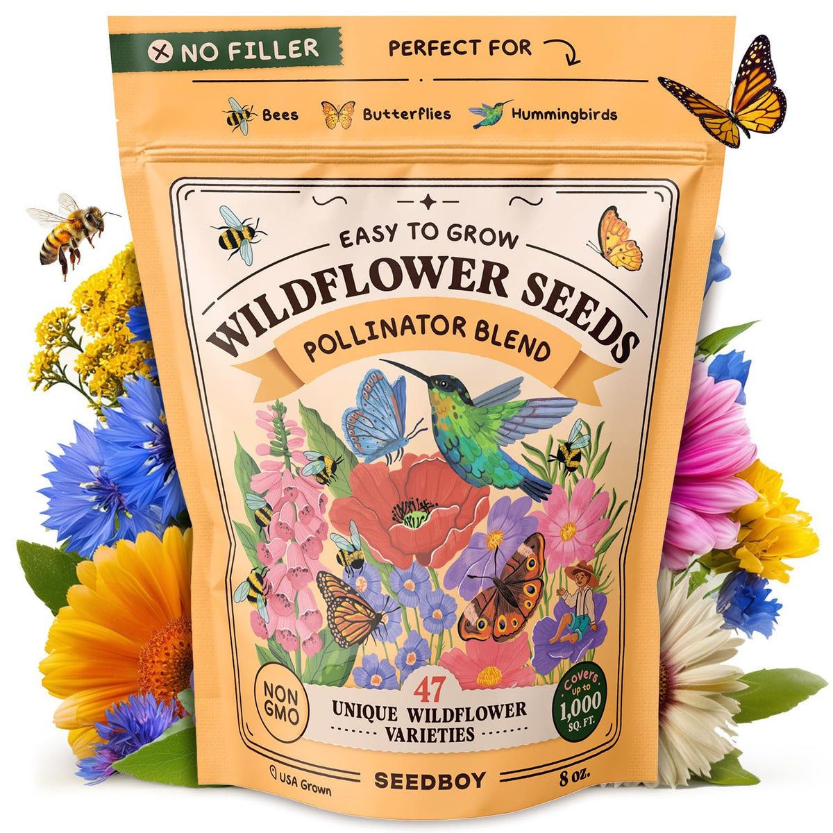 Seedboy Wildflowers establish a backyard pollinator habitat with 47 varieties for bees and butterflies.