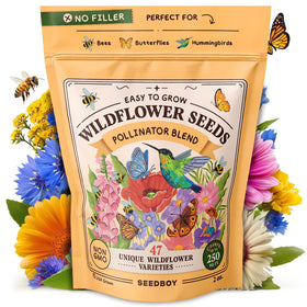 Seedboy Wildflowers seed pouch shows 47 varieties for pollinators.