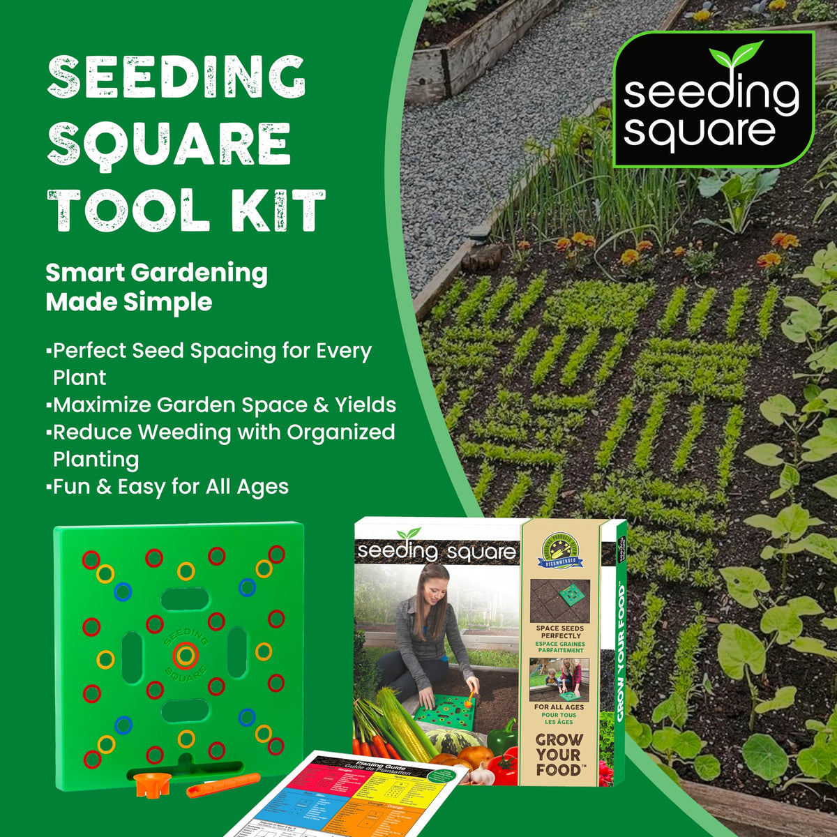 Seeding Square color-coded template guides planting layouts for organized beds.