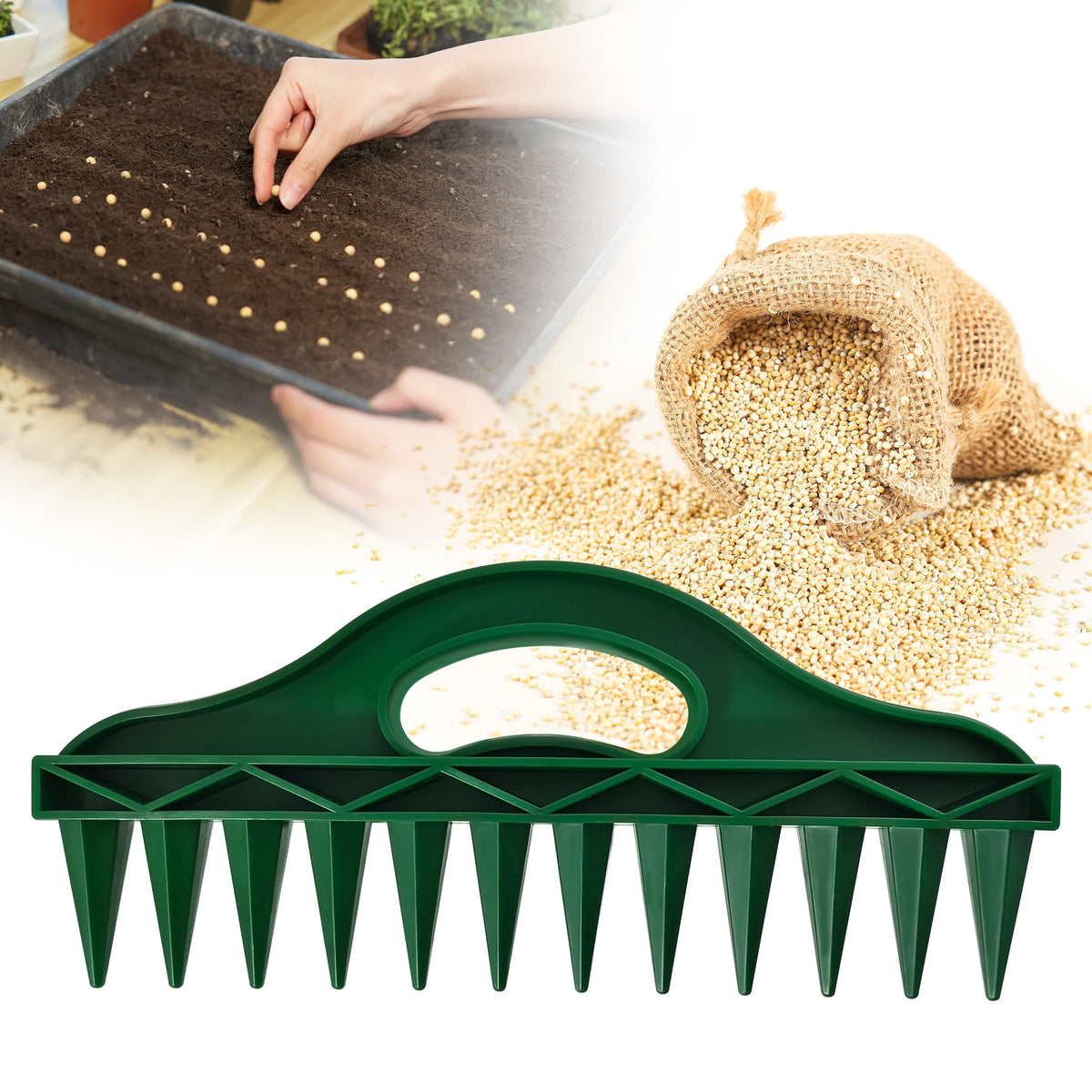 Seeding Square Row Seeder handheld tool demonstrates precise row spacing for efficient planting.