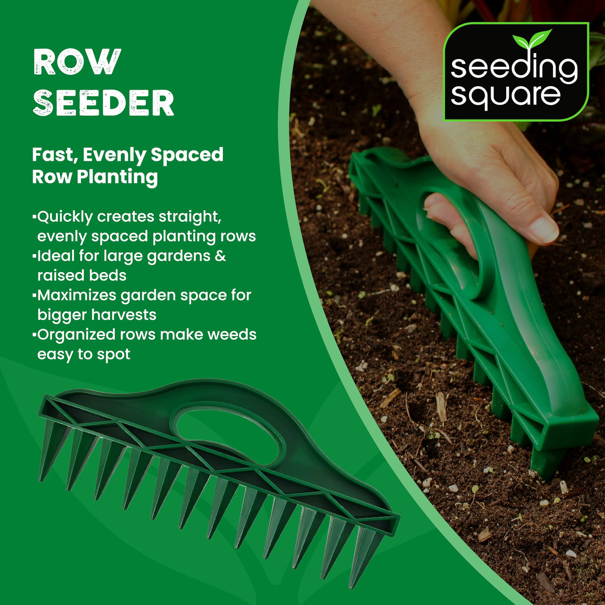 Seeding Square Row Seeder creates evenly spaced holes for uniform seed trays.