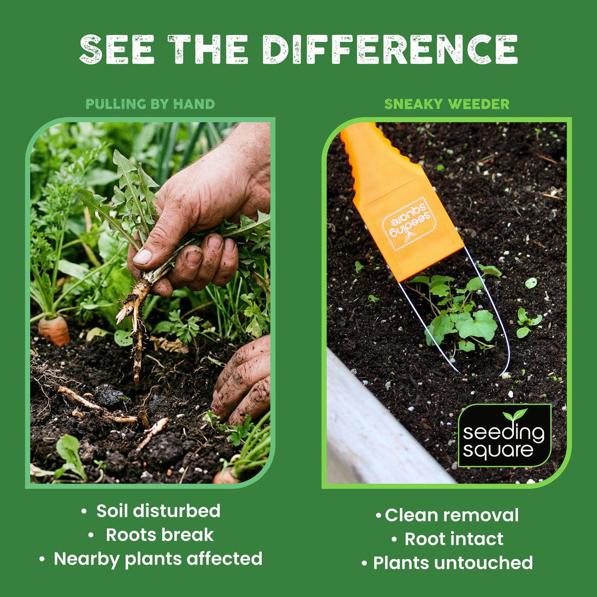 Sneaky Weeder reaching tight-spaces between plants for weed removal
