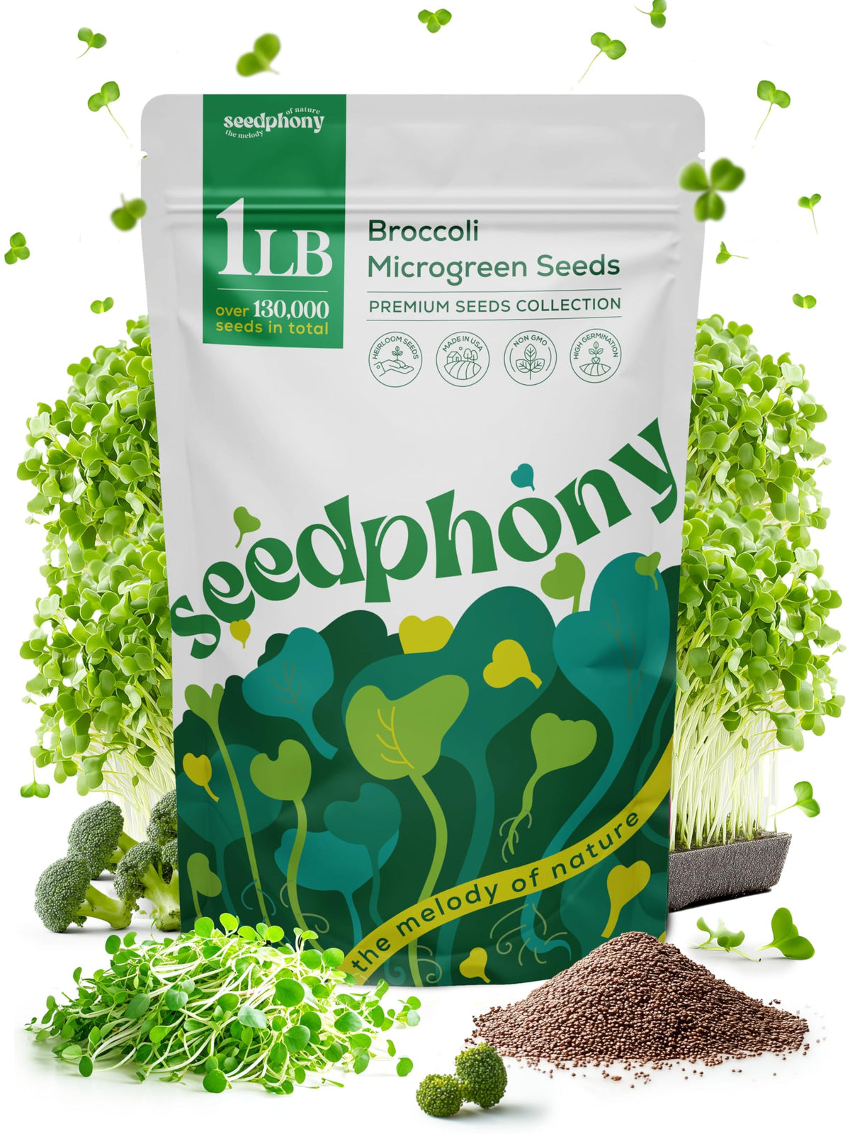 Seedphony broccoli seeds bag ideal for home sprouting and reliable germination.