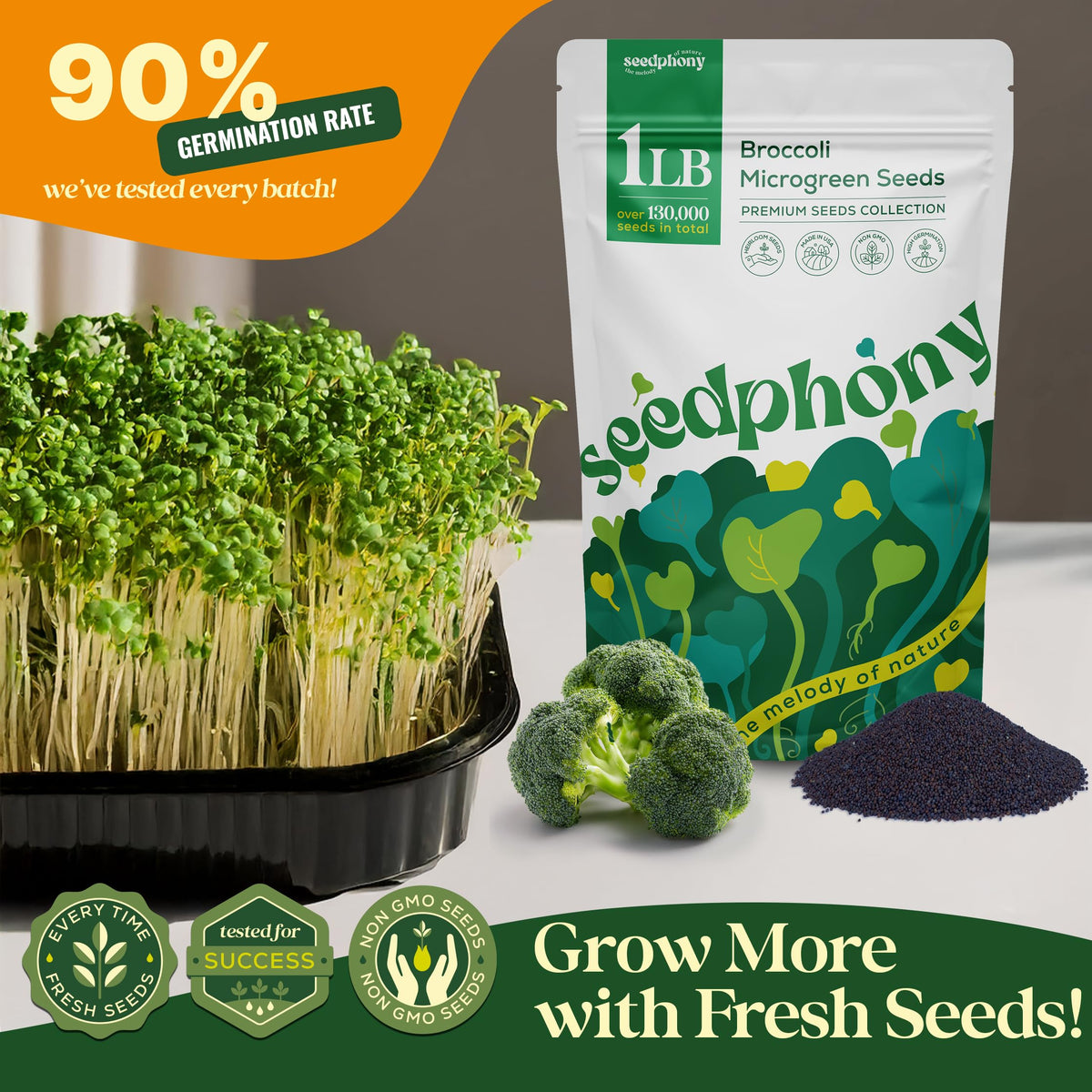 Seedphony broccoli microgreens harvest close-up with vibrant color.