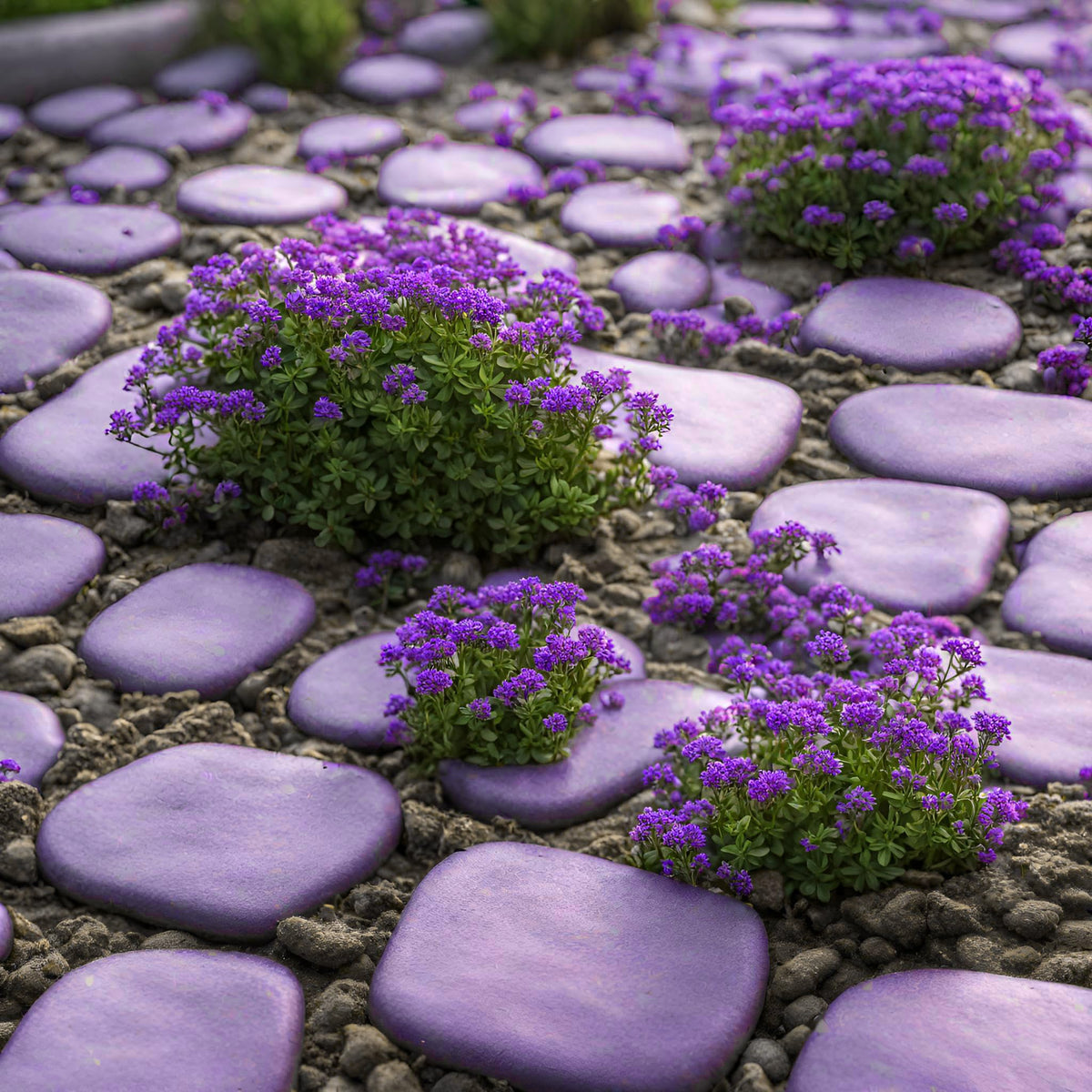 Seeds Of Strength purple creeping thyme ground cover effect across pathways.