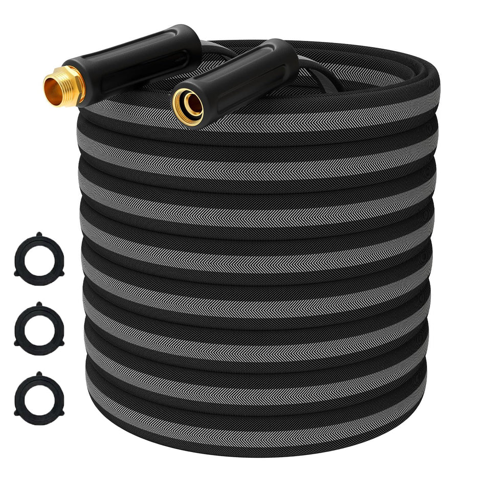 SeeMeYes 50ft garden hose outer fabric demonstrates durable construction for tough outdoor tasks.