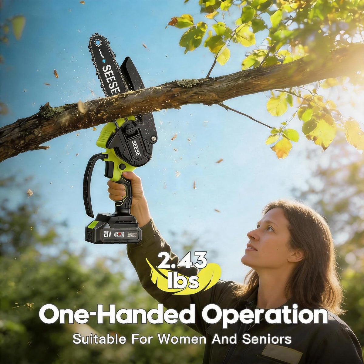SEESE mini chainsaw battery pack enables extended yard work sessions.