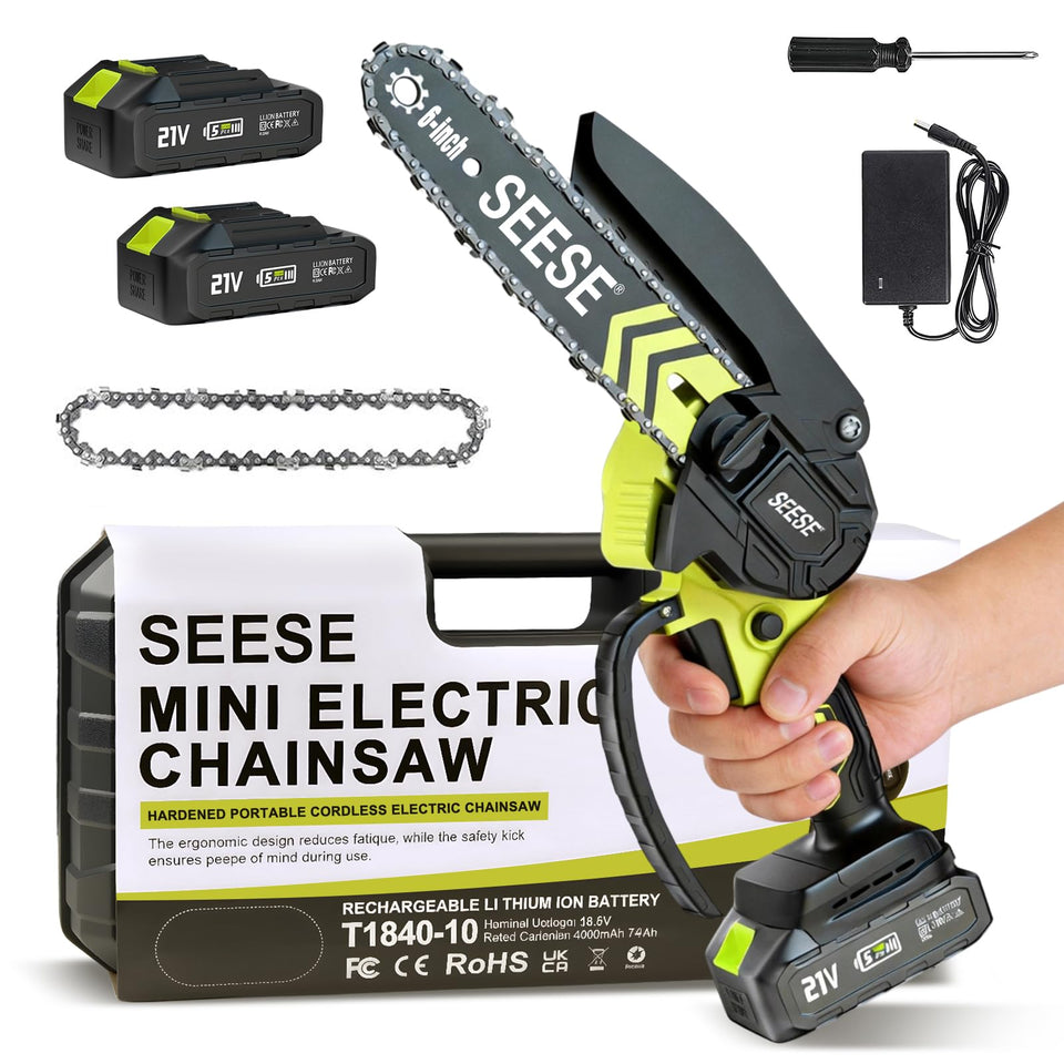 SEESE mini chainsaw motor demonstrates compact power for precise pruning.
