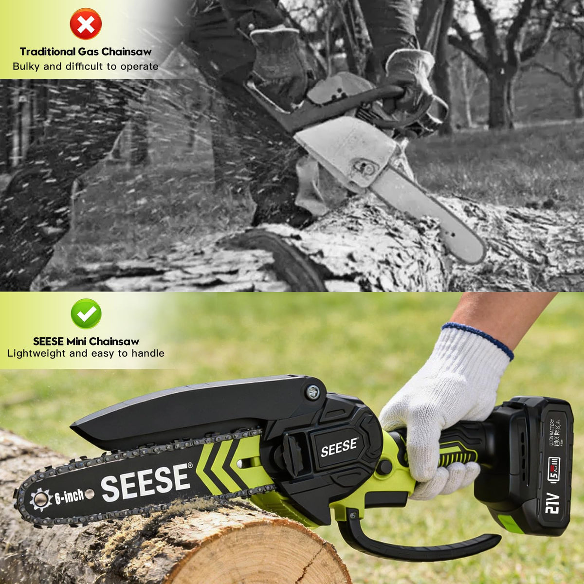 SEESE mini chainsaw rubber grip provides secure handling for comfortable use.