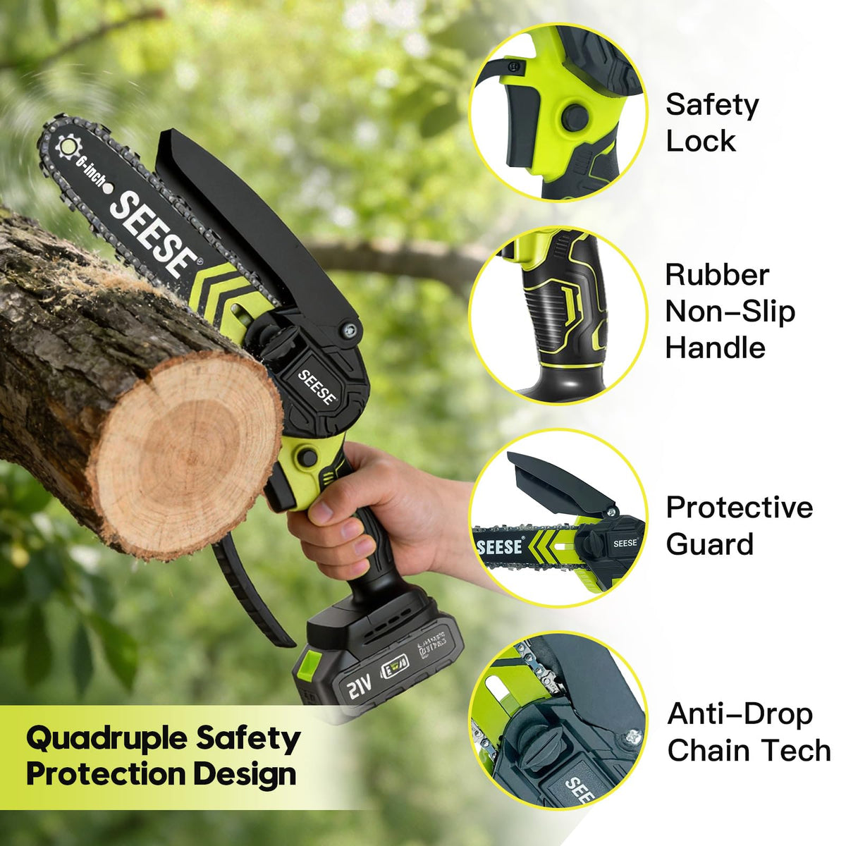 SEESE mini chainsaw splash guard helps deflect debris during use.