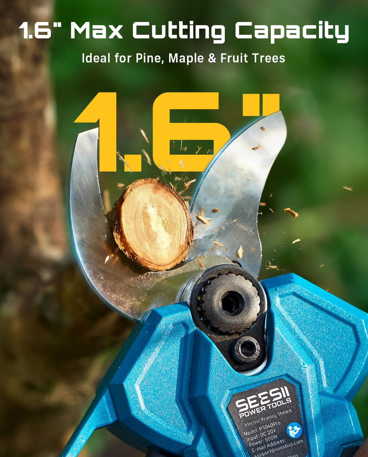 SEESII dual 4.0Ah batteries extend pruning sessions for longer work.