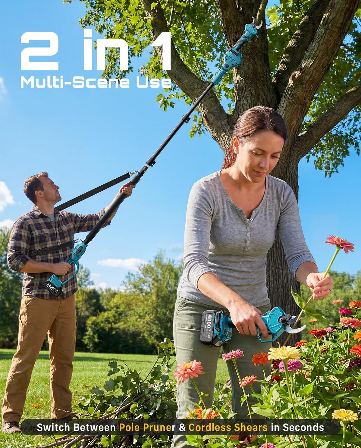 SEESII 2-in-1 pole pruner rotating head enables precise cuts from tough angles.