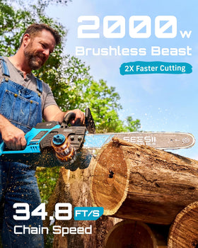 SEESII 40V 16-inch chainsaw bar and chain close-up highlighting the sharp cutting edge
