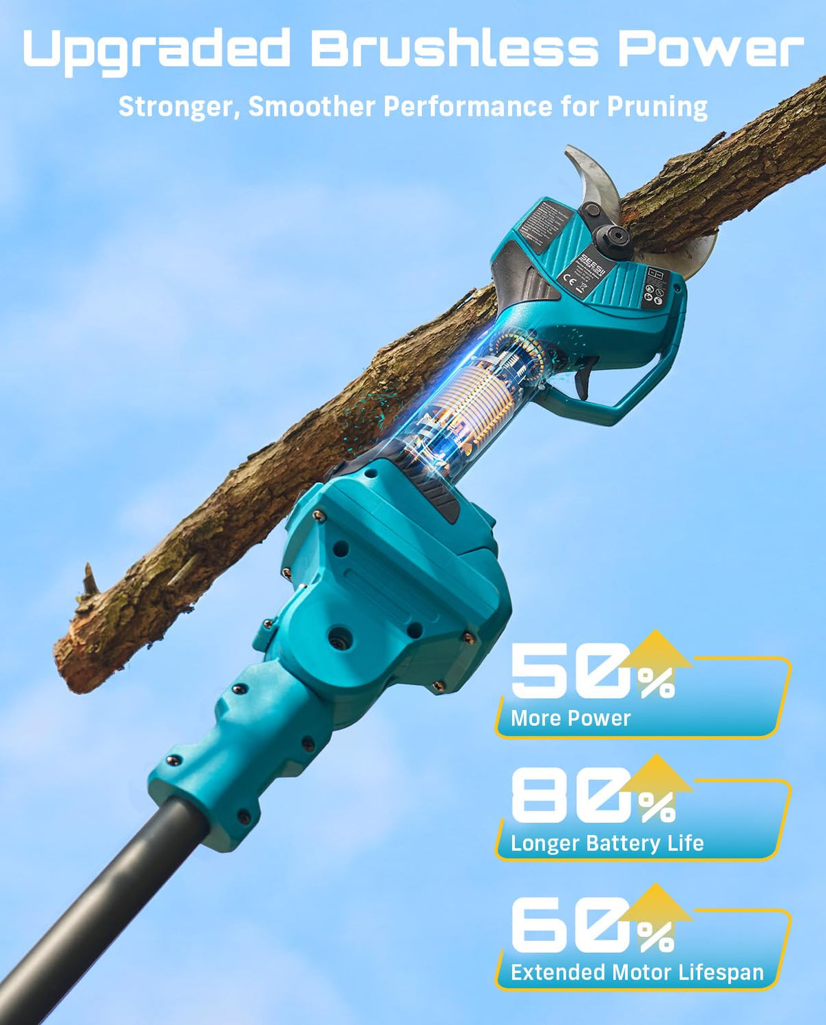 SEESII built-in work light improves visibility during pruning.