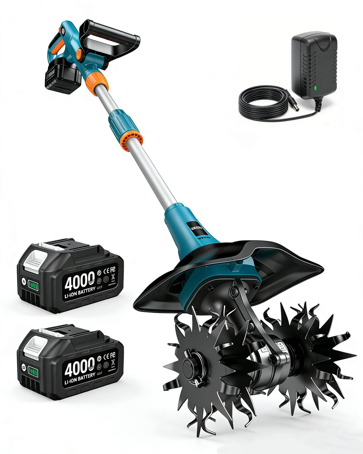 Seesii cordless tiller battery pack shows dual 20V cells for extended tilling sessions.