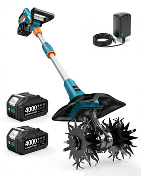 Seesii cordless tiller battery pack shows dual 20V cells for extended tilling sessions.