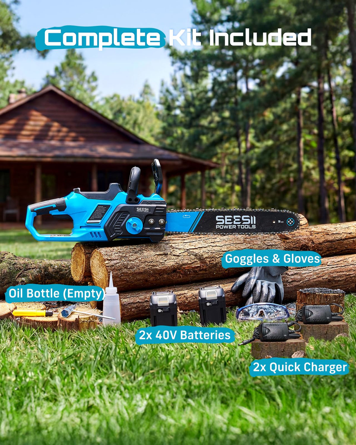 SEESII gift-ready cordless chainsaw kit in box