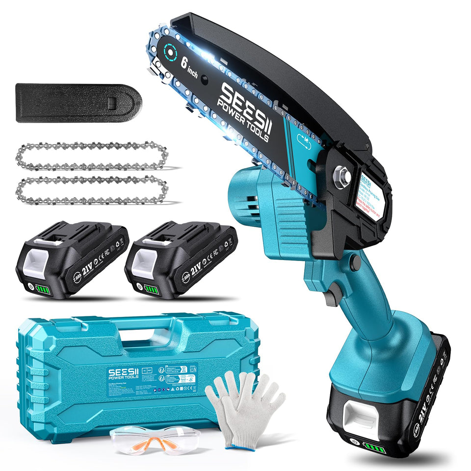 Seesii Mini Chainsaw in action cutting a branch quickly for yard cleanup.