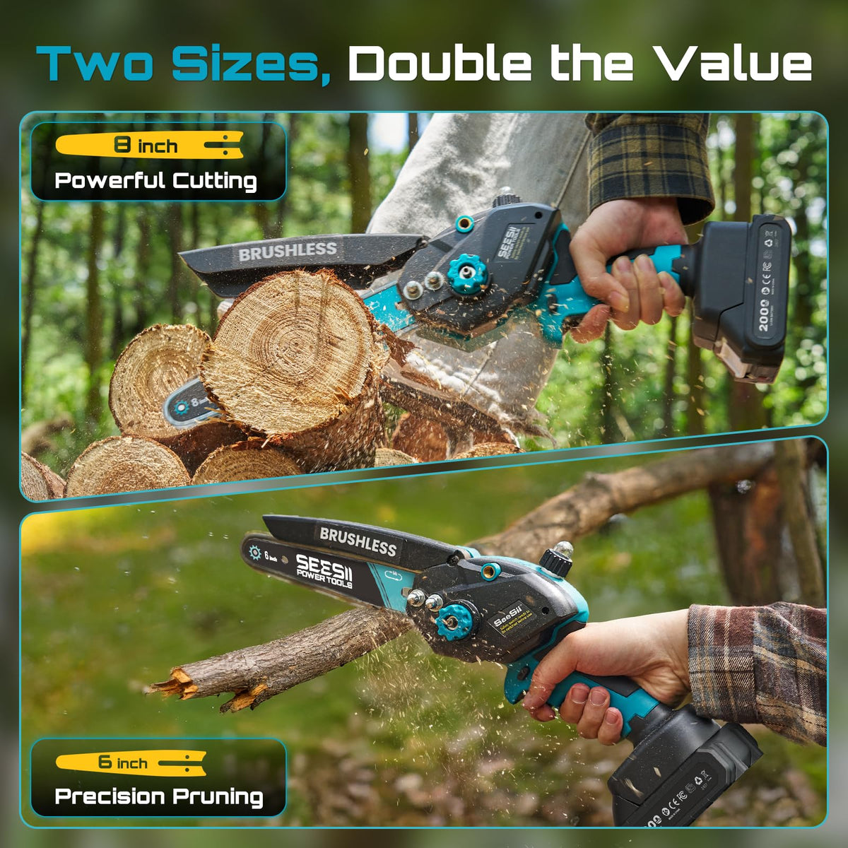 Seesii mini chainsaw with 6in guide bar for tight spaces.