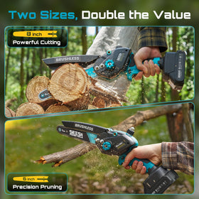 Seesii mini chainsaw with 6in guide bar for tight spaces.