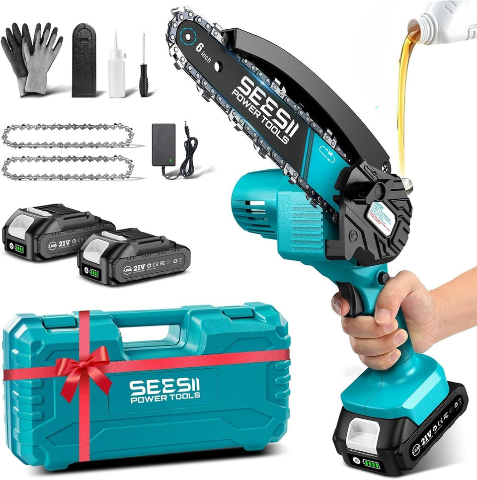 SEESII mini chainsaw in action cutting wood quickly and smoothly