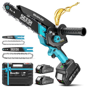 Seesii mini chainsaw with 8in guide bar for heavy-duty cuts.