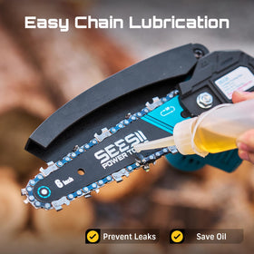 Seesii Mini Chainsaw pruning in a garden setup for tidy hedges.