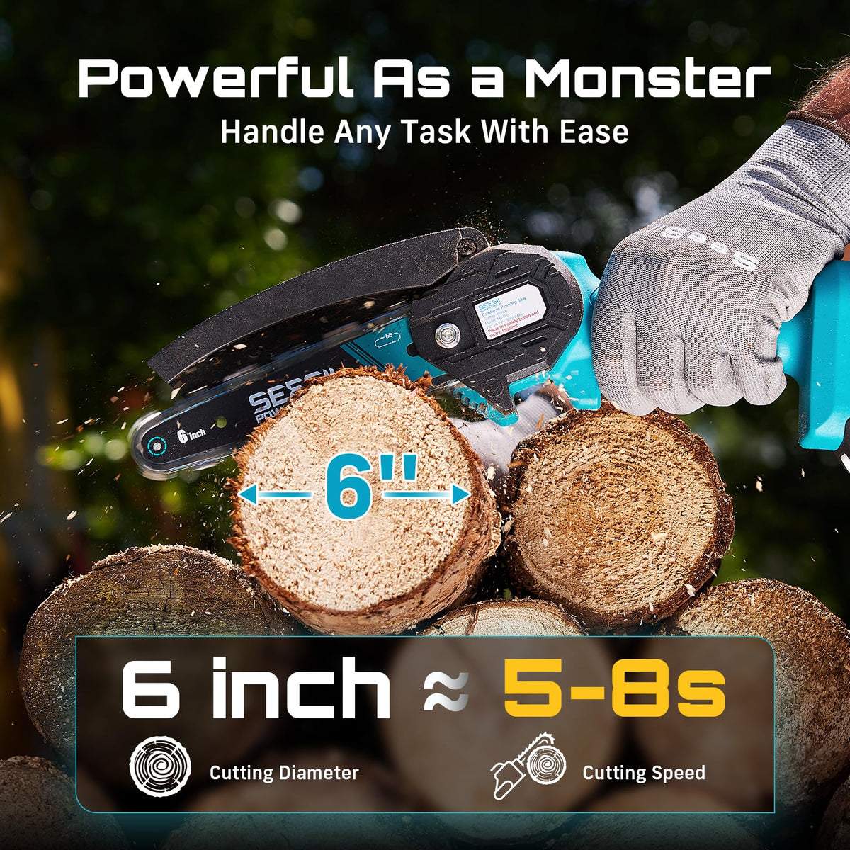 Seesii Mini Chainsaw safety features double lock and guard protect operator.