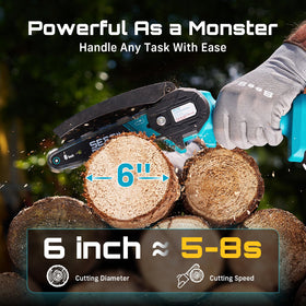 Seesii Mini Chainsaw safety features double lock and guard protect operator.