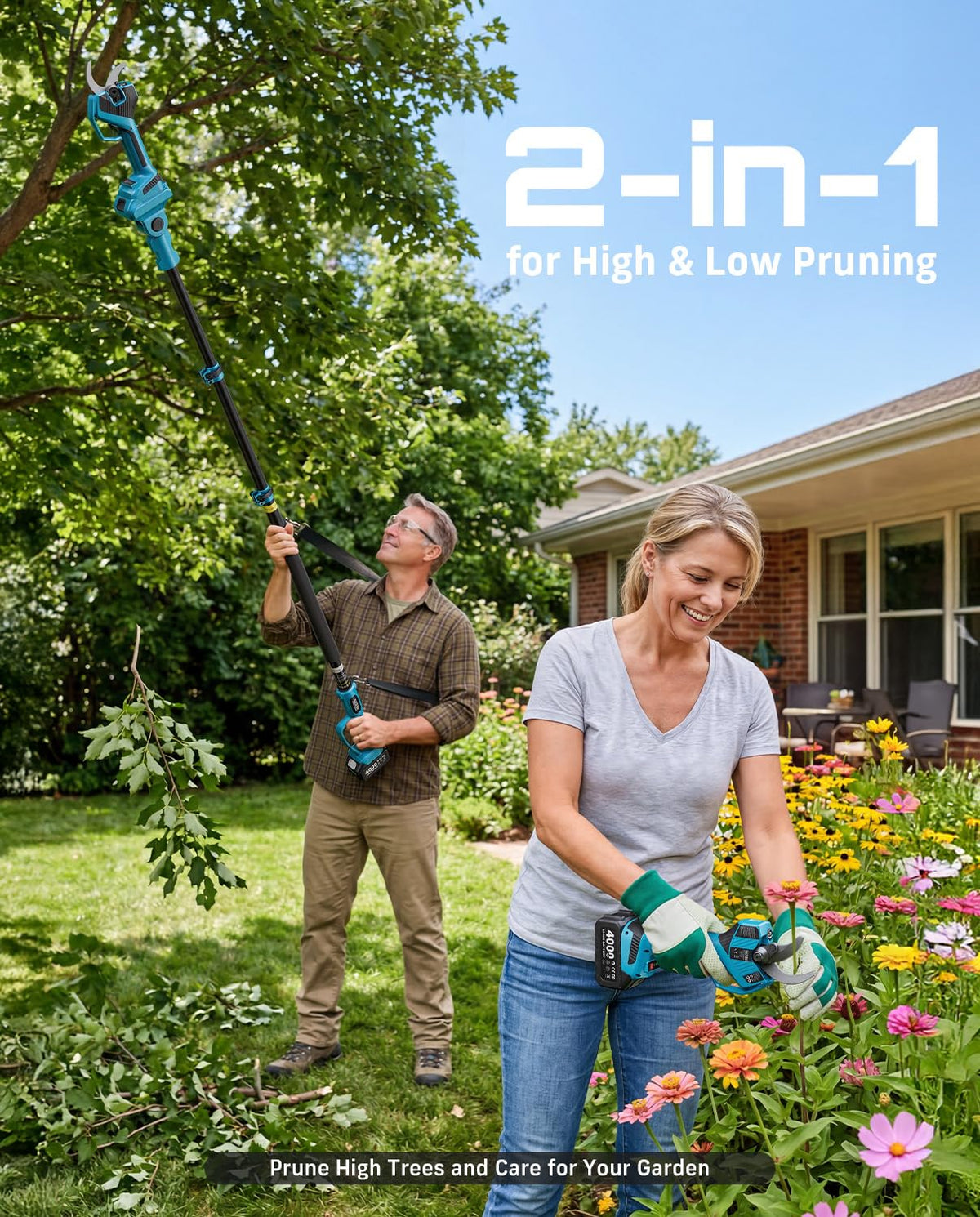 SEESII pole pruner with extendable pole safely reaches high branches.