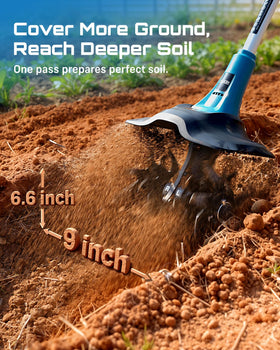 Seesii rototiller in action highlighting 9-inch tilling width for efficient soil prep.