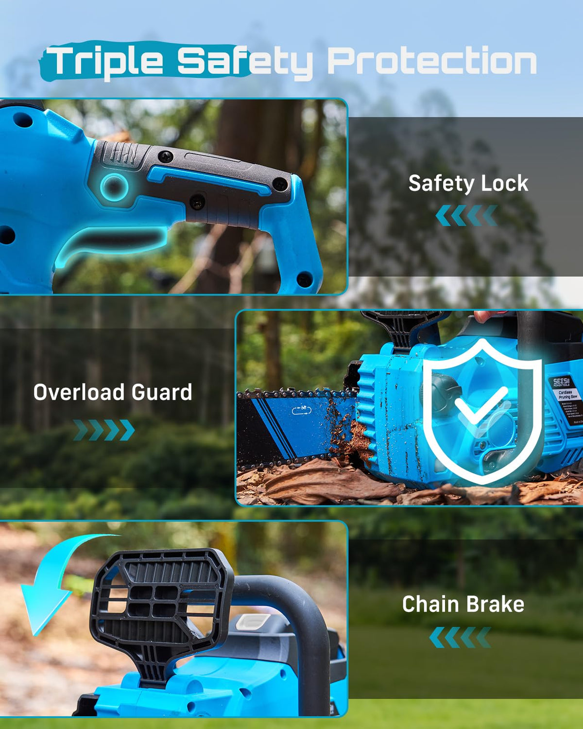 SEESII triple safety features include chain brake and safety lock