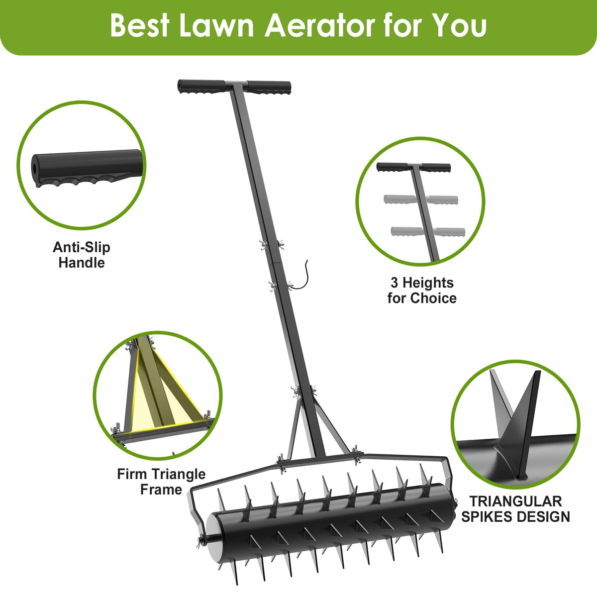 Seeutek lawn aerator with 3-height adjustable handle for comfortable use.