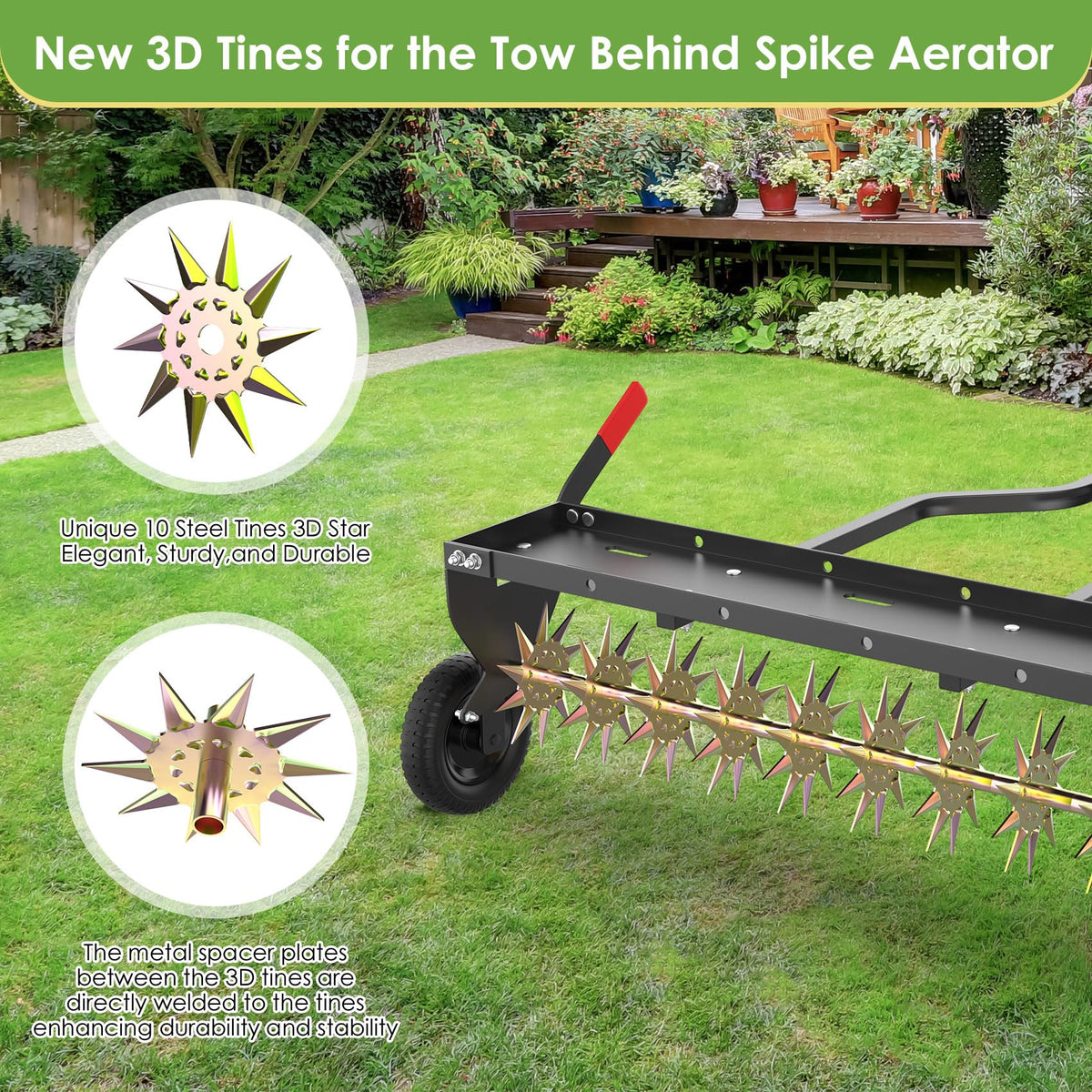 Seeutek 3D steel tines star design delivering uniform aeration across the lawn.