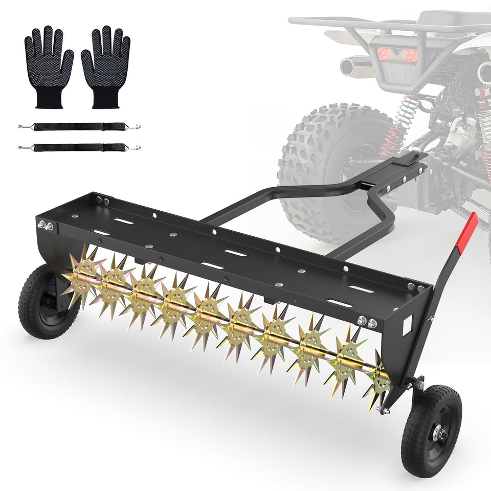 Seeutek 40-inch tow-behind aerator for deep lawn aeration and even soil penetration.