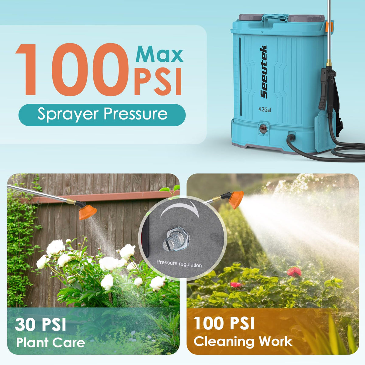 Seeutek 100 PSI spray reaches farther with even coverage.