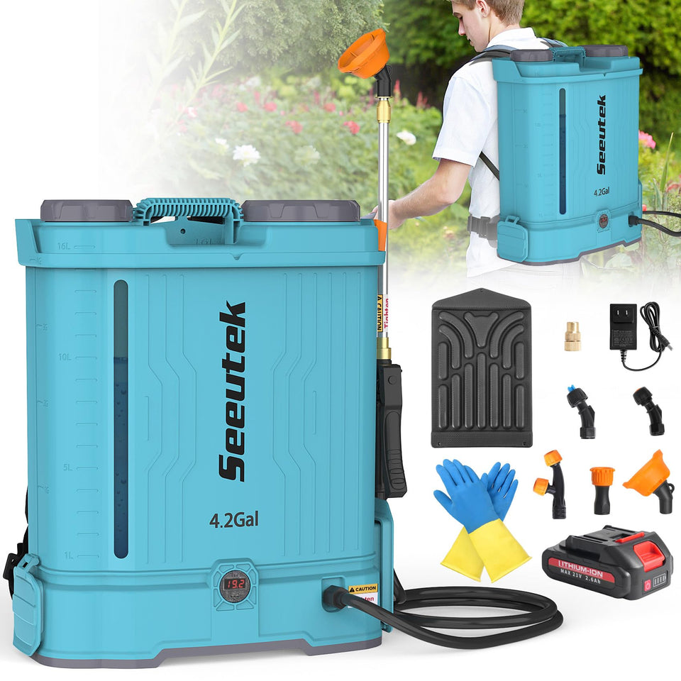 Seeutek backpack sprayer with 4.2-gallon tank for garden applications.