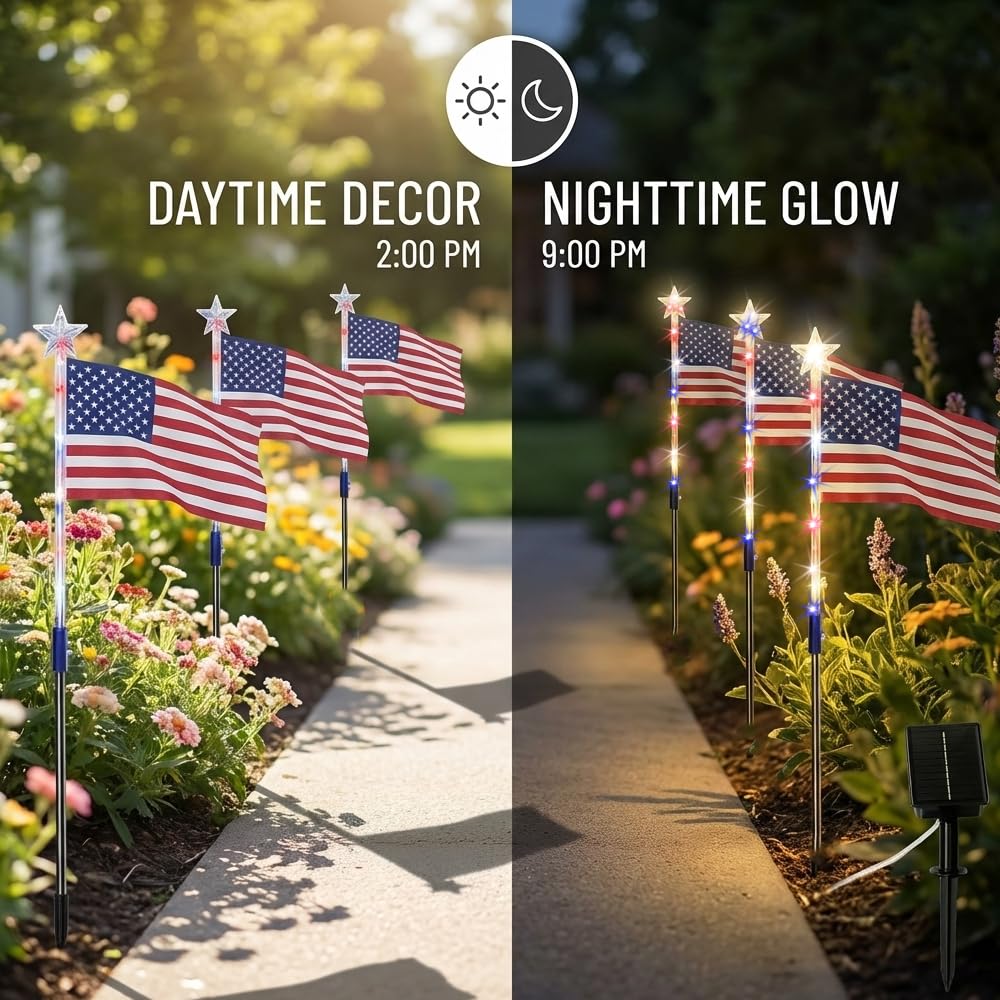 Seilvda US flag stake lights highlight stars and stripes at night