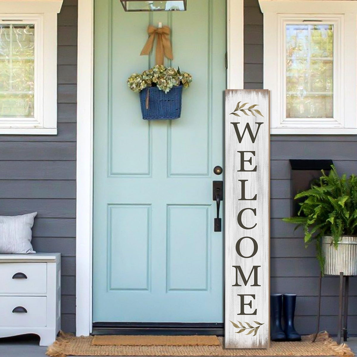 Seimip Summer Welcome Sign on porch in rustic wooden finish enhances curb appeal