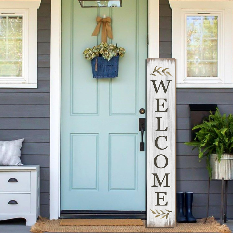 Seimip Summer Welcome Sign on porch in rustic wooden finish enhances curb appeal