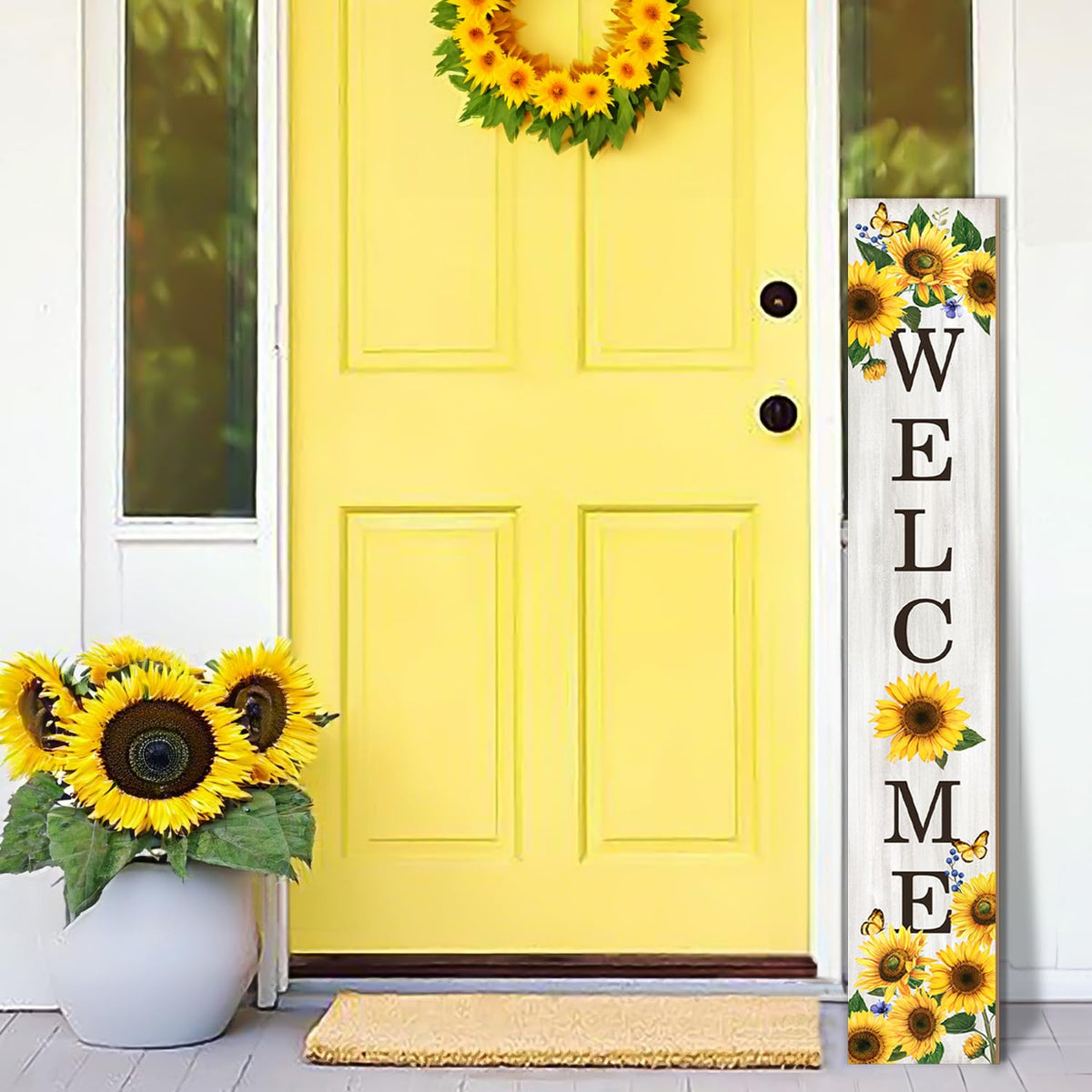 Seimip Sunflower Porch Sign hangs on door for a warm entry