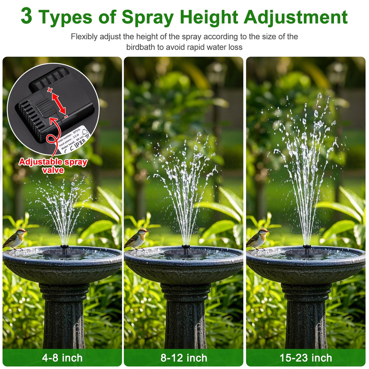 SEIRMEP adjustable spray height 4 to 23 inches for birdbath setups