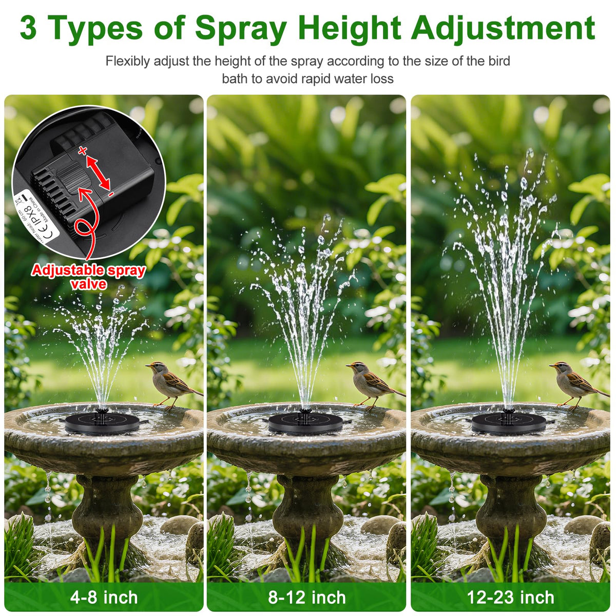 SEIRMEP fountain with adjustable spray heights for pond sizing.
