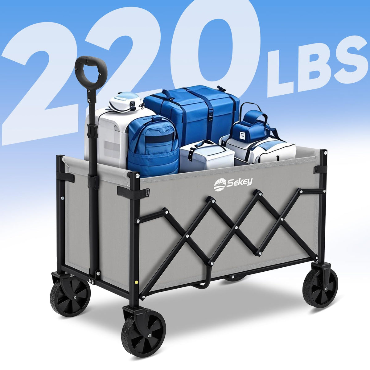 Sekey wagon 360-degree front-wheels enable smooth movement on grass, sand, and pavement.