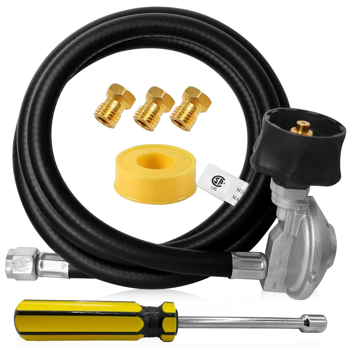 Sekvira Weber conversion hose and regulator ensure steady propane flow for grilling.