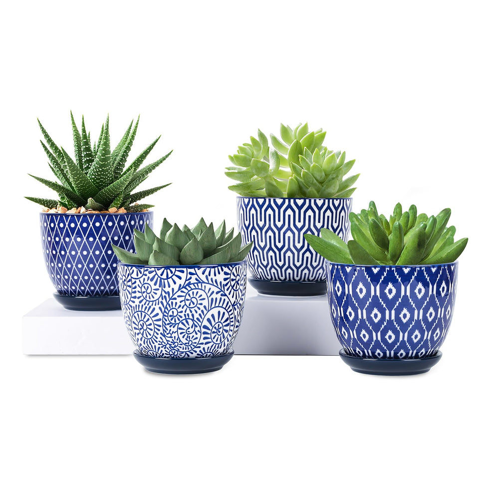 Selamica ceramic plant pot in vintage blue, 4.6-inch for small succulents.