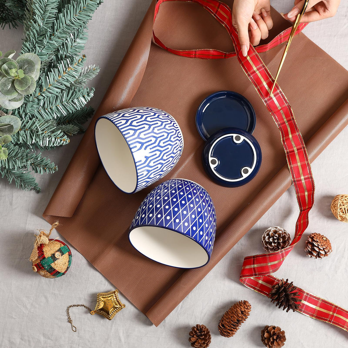 Selamica blue pot with saucer and mesh pad for clean watering.